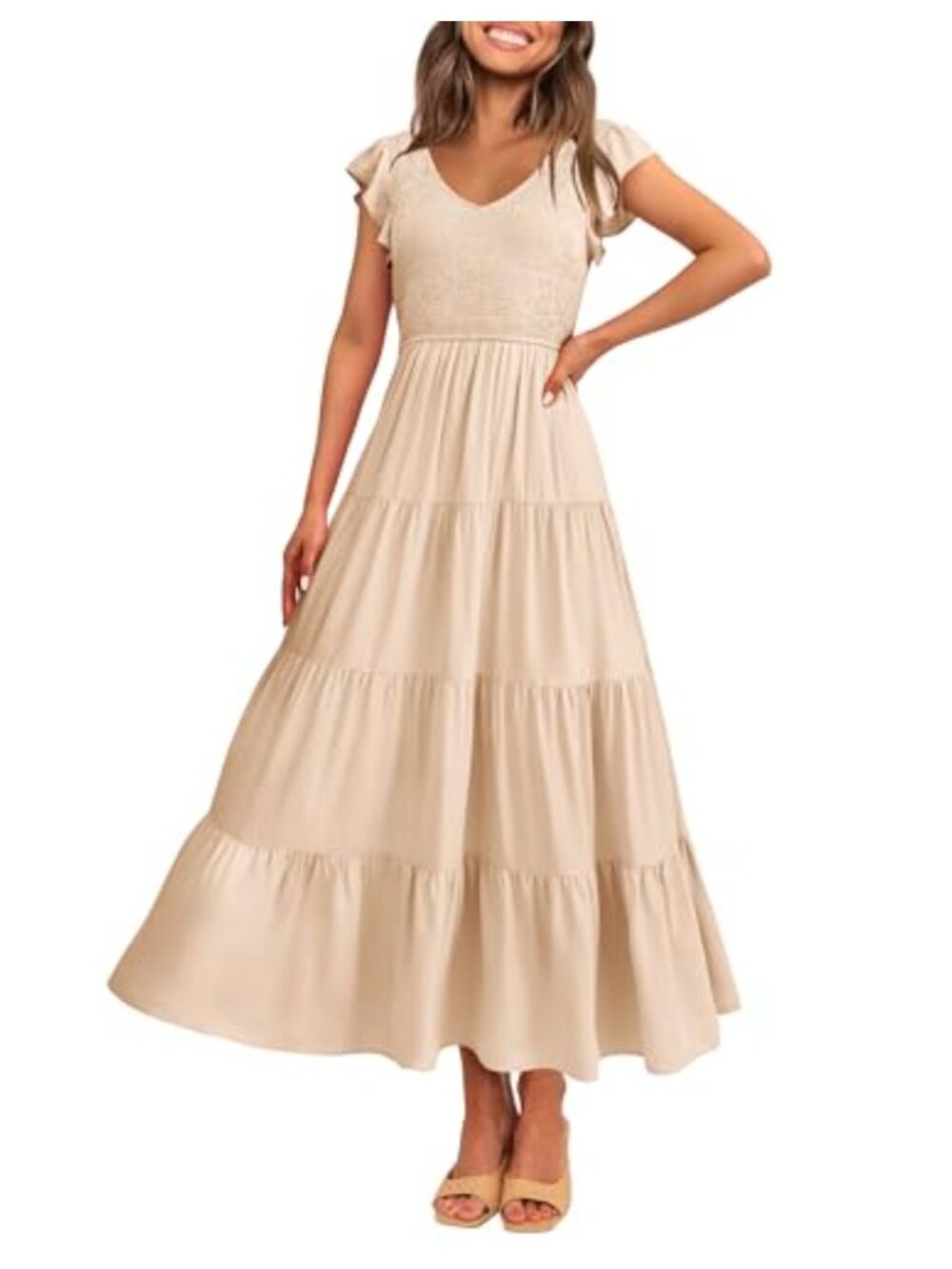 Women's Smocked Flowy Maxi Dress V-Neck Ruffle Cap Sleeve Boho Sundress
